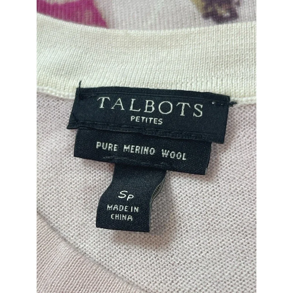 Talbots 100% Merino Wool Pink Floral Sweater PS Lightweight Knit
